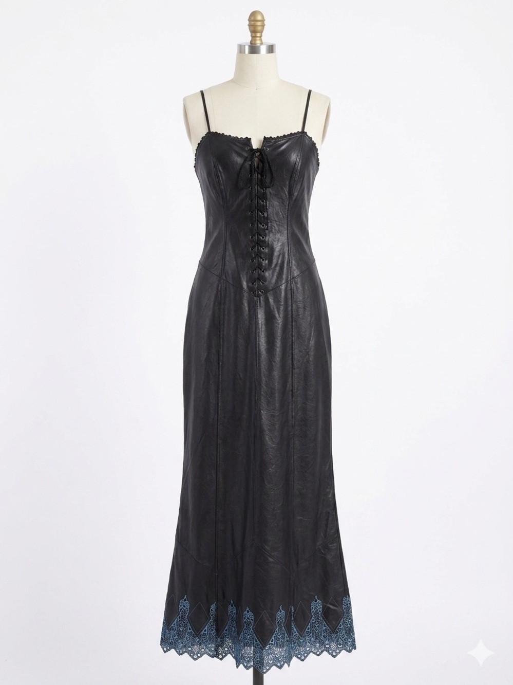 Vintage Lip Service LA Goth Maxi Dress Lace-Up Corset Blue Lace Hem USA